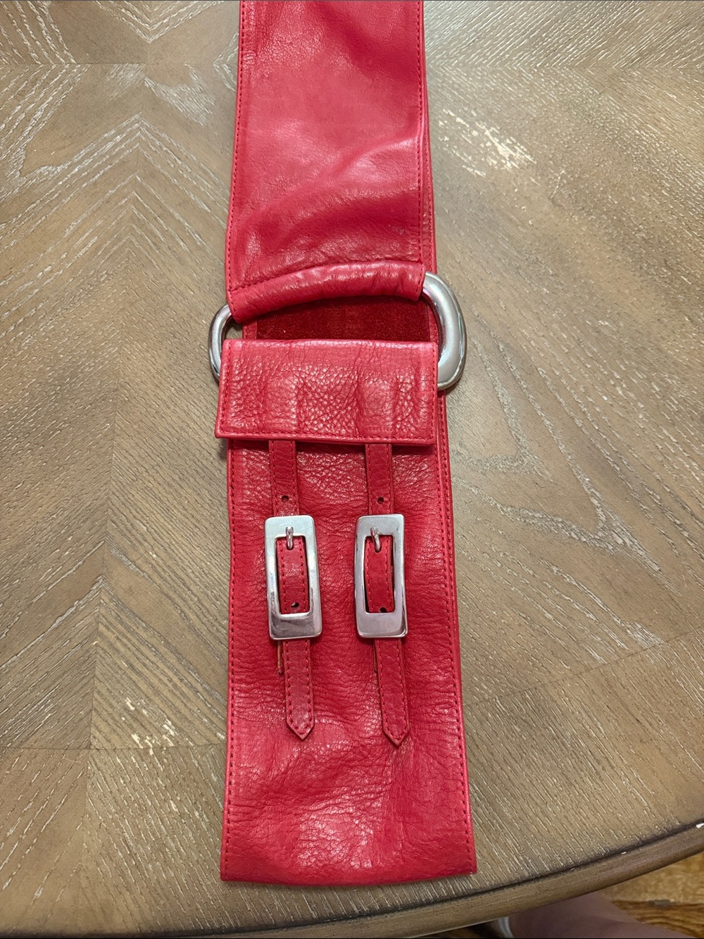 Wide Red Leather Buckle Waist Belt